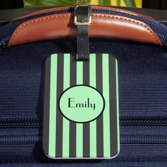 Bold Mint Green & Black Stripe Luggage Tag (Front Insitu 2)