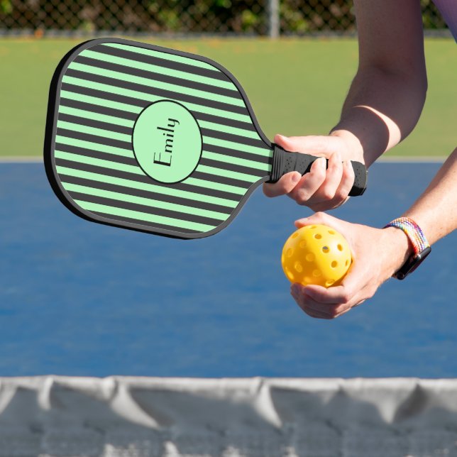 Bold Mint Green & Black Stripe Personalised Pickleball Paddle (Insitu)