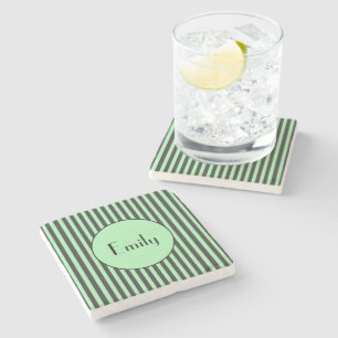 Bold Mint Green & Black Stripe Personalised  Stone Coaster
