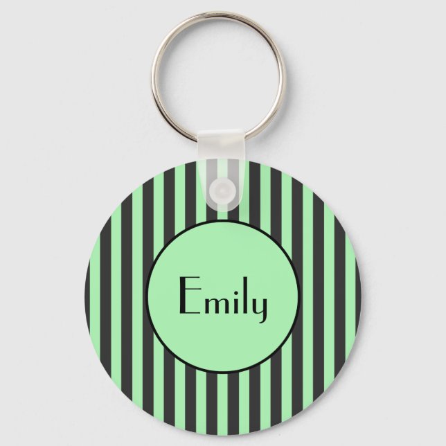 Bold Mint Green & Black Stripe Personalized Key Ring (Front)