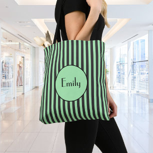 Bold Mint Green & Black Stripe Personalized  Tote Bag