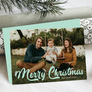 Bold Mint Retro Script Merry Christmas 2 Photo Holiday Card