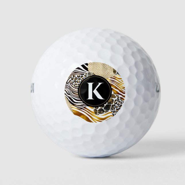 Bold Mixed Animal Prints with Gold Accents Name Golf Balls (Front)