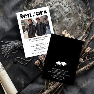 Bold Moderm Twins Sibling Seniors Grads Caps TMF26 Invitation