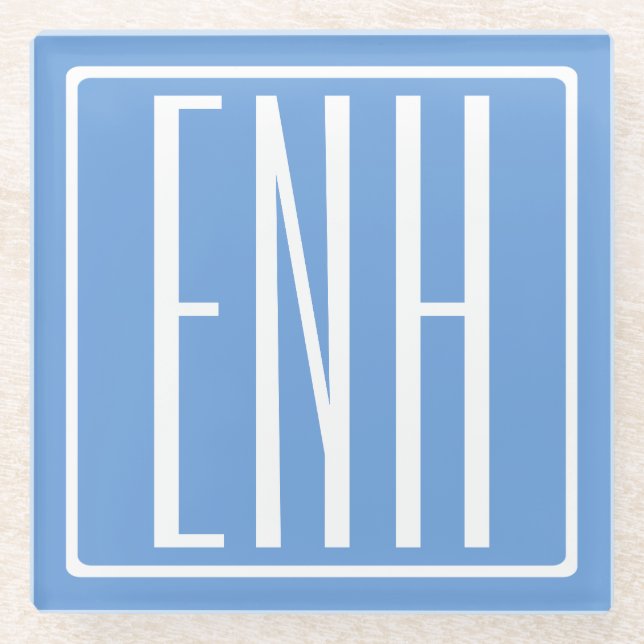 Bold Modern 3 Initials Monogram | Soft Blue Glass Coaster (Front)