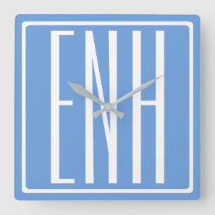Bold Modern 3 Initials Monogram   Soft Blue Square Wall Clock