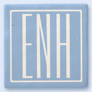 Bold Modern 3 Initials Monogram Soft Blue Stone Coaster