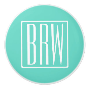 Bold Modern 3 Initials Monogram   White On Aqua Ceramic Knob