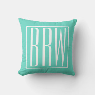 Bold Modern 3 Initials Monogram   White On Aqua Cushion