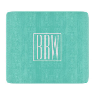 Bold Modern 3 Initials Monogram   White On Aqua Cutting Board