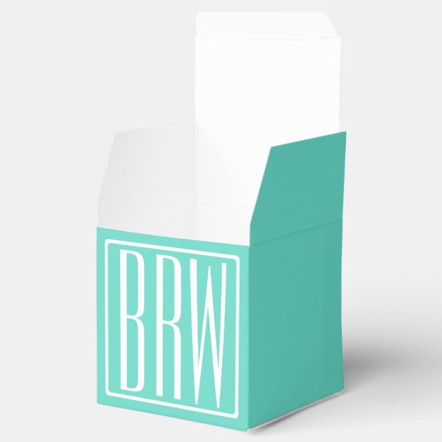 Bold Modern 3 Initials Monogram | White On Aqua Favour Box (Opened)