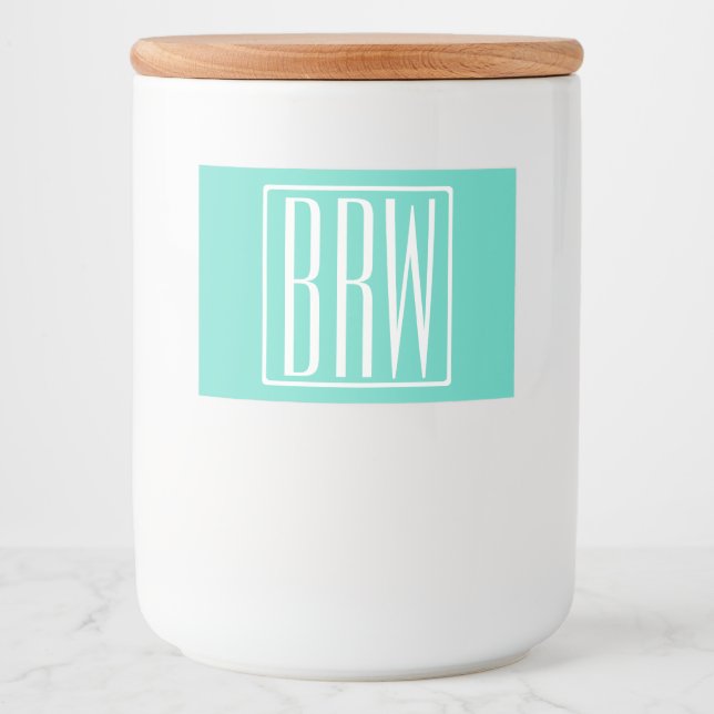 Bold Modern 3 Initials Monogram | White On Aqua Food Label (Front)