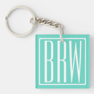 Bold Modern 3 Initials Monogram   White On Aqua Key Ring