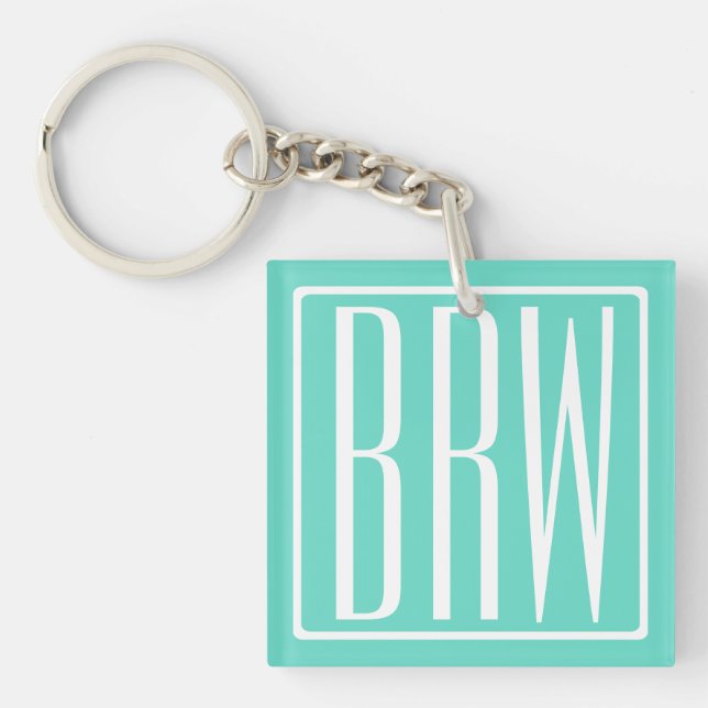 Bold Modern 3 Initials Monogram | White On Aqua Key Ring (Front)