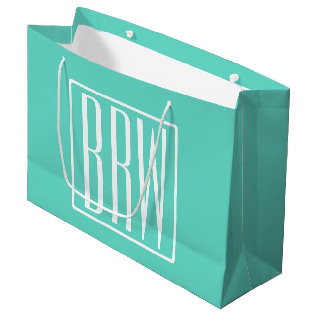 Bold Modern 3 Initials Monogram | White On Aqua Large Gift Bag (Front Angled)