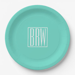 Bold Modern 3 Initials Monogram White On Aqua Paper Plate