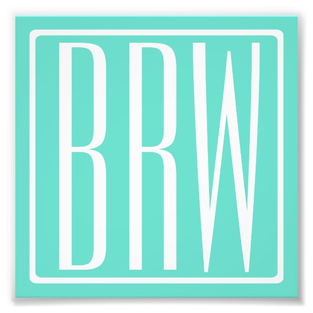 Bold Modern 3 Initials Monogram | White On Aqua Photo Print (Front)