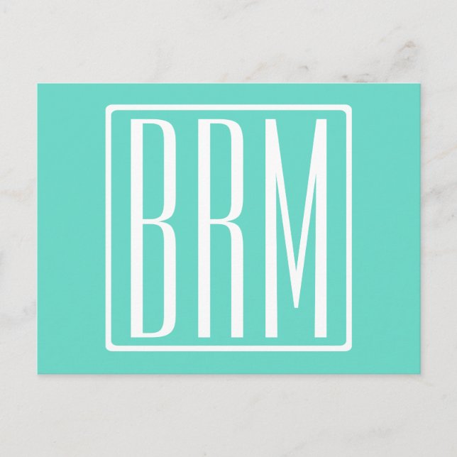Bold Modern 3 Initials Monogram | White On Aqua Postcard (Front)