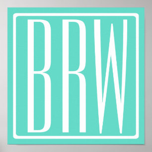 Bold Modern 3 Initials Monogram   White On Aqua Poster