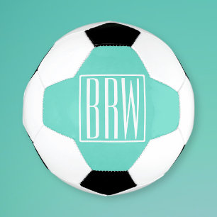 Bold Modern 3 Initials Monogram   White On Aqua Soccer Ball