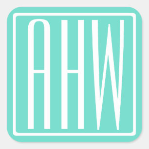 Bold Modern 3 Initials Monogram   White On Aqua Square Sticker