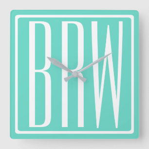 Bold Modern 3 Initials Monogram   White On Aqua Square Wall Clock