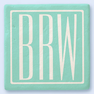 Bold Modern 3 Initials Monogram White On Aqua Stone Coaster