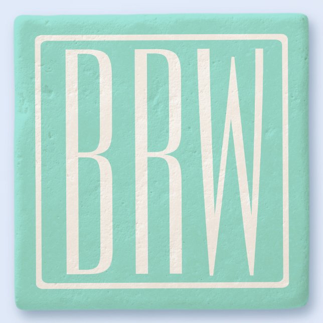 Bold Modern 3 Initials Monogram | White On Aqua Stone Coaster (Creator Uploaded)