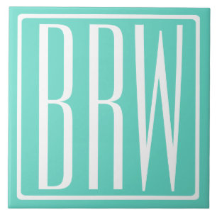Bold Modern 3 Initials Monogram   White On Aqua Tile