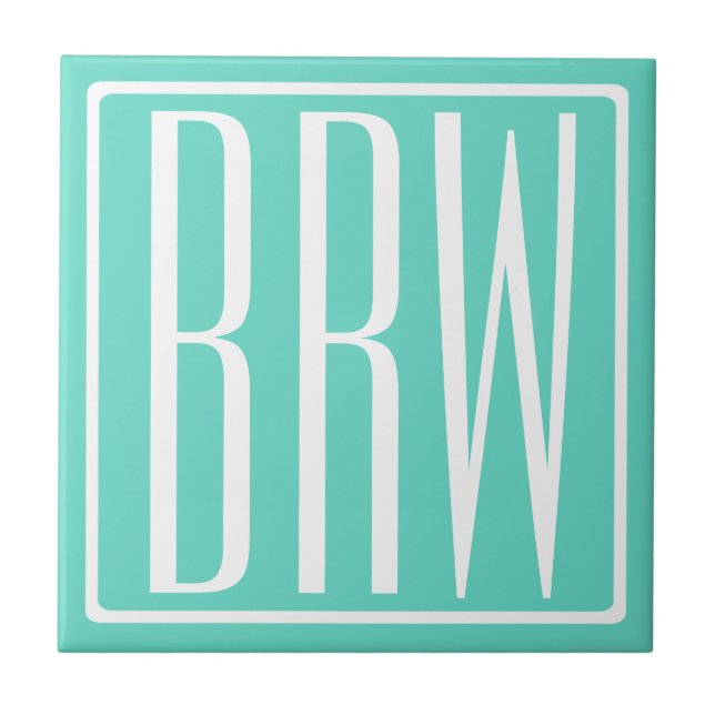 Bold Modern 3 Initials Monogram | White On Aqua Tile (Front)