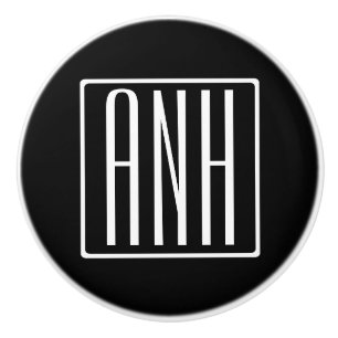 Bold Modern 3 Initials Monogram   White On Black Ceramic Knob