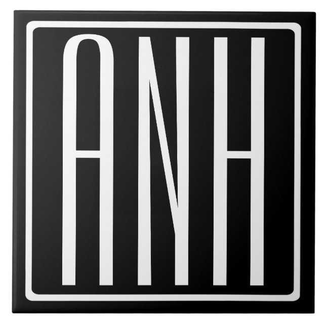 Bold Modern 3 Initials Monogram | White On Black Ceramic Tile (Front)