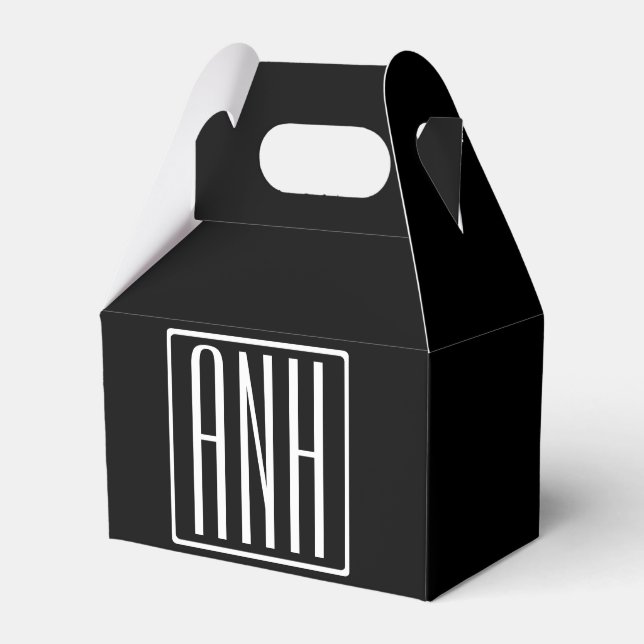Bold Modern 3 Initials Monogram | White On Black Favour Box (Front Side)