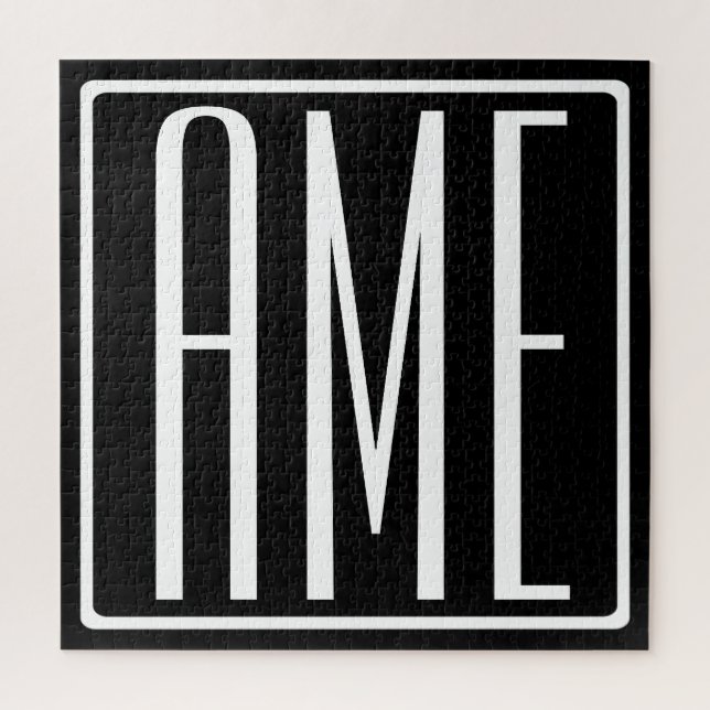 Bold Modern 3 Initials Monogram | White On Black Jigsaw Puzzle (Vertical)