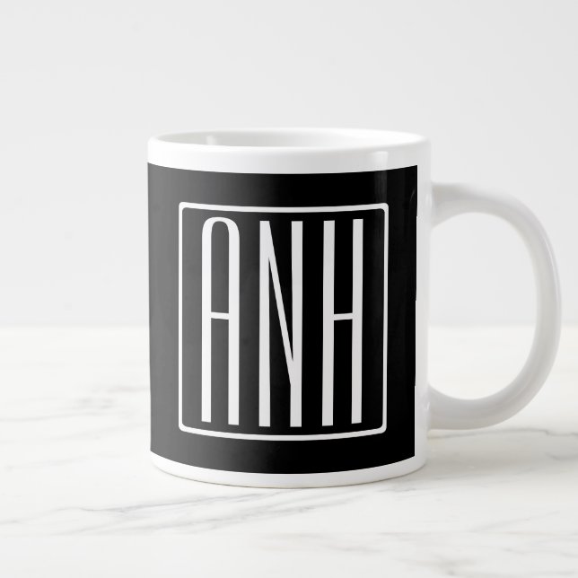 Bold Modern 3 Initials Monogram | White On Black Large Coffee Mug (Right)
