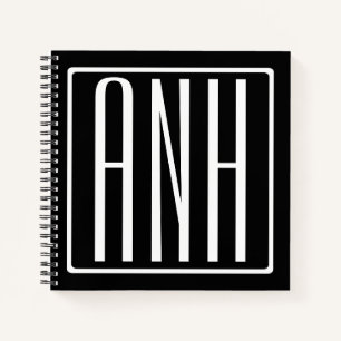 Bold Modern 3 Initials Monogram   White On Black Notebook