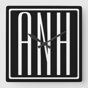 Bold Modern 3 Initials Monogram   White On Black Square Wall Clock