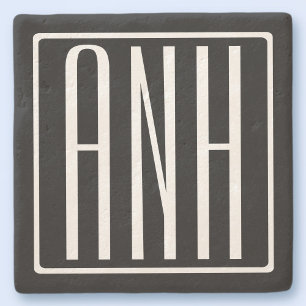 Bold Modern 3 Initials Monogram   White On Black Stone Coaster