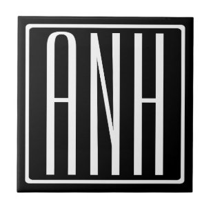 Bold Modern 3 Initials Monogram   White On Black Tile