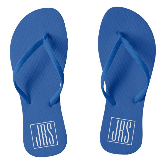 Bold Modern 3 Initials Monogram | White On Blue Thongs (Footbed)