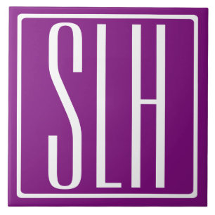 Bold Modern 3 Initials Monogram   White & Purple Ceramic Tile