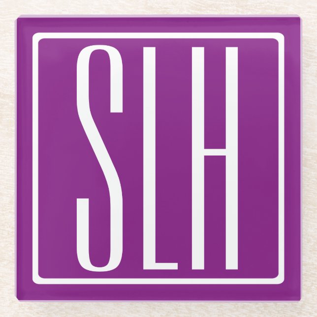 Bold Modern 3 Initials Monogram | White & Purple Glass Coaster (Front)