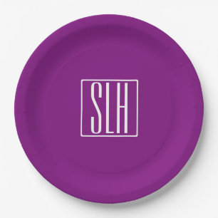 Bold Modern 3 Initials Monogram White & Purple Paper Plate