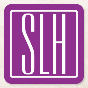 Bold Modern 3 Initials Monogram   White & Purple Square Paper Coaster