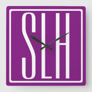 Bold Modern 3 Initials Monogram   White & Purple Square Wall Clock