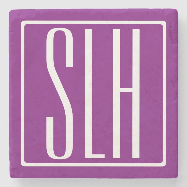 Bold Modern 3 Initials Monogram | White & Purple Stone Coaster (Front)