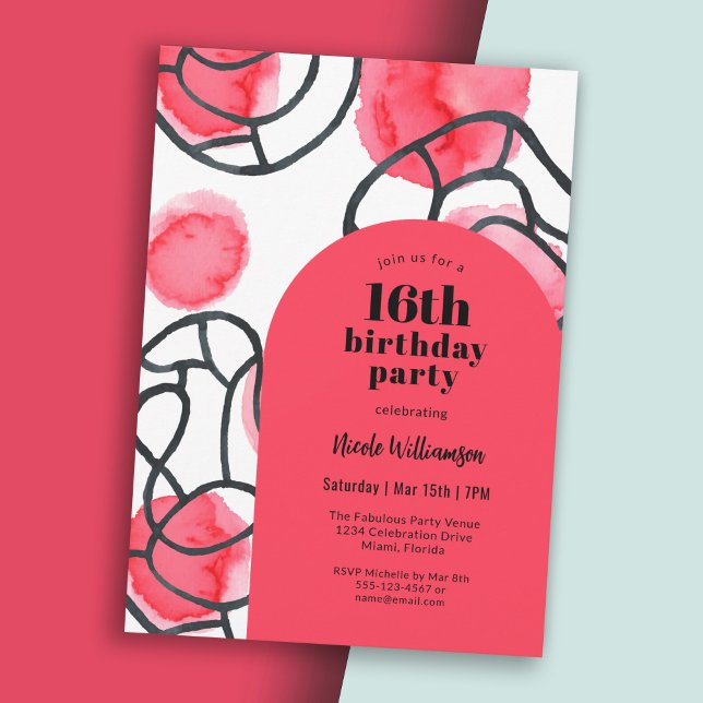 Bold Modern Abstract Pattern 16th Birthday Party Invitation (Celebrate a Sweet 16 with this vibrant modern invitation!)