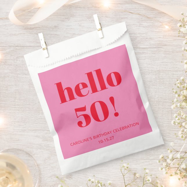 Bold Modern Aesthetic Pink and Red 50th Birthday Favour Bag (Clipped)