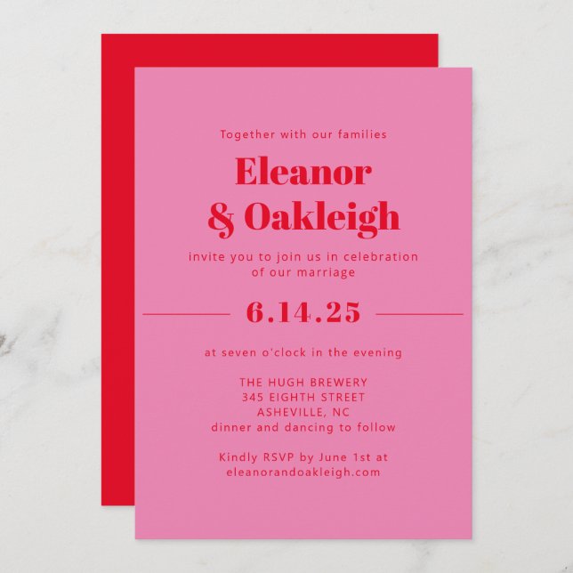 Bold Modern Aesthetic Pink and Red Wedding Invitation (Front/Back)
