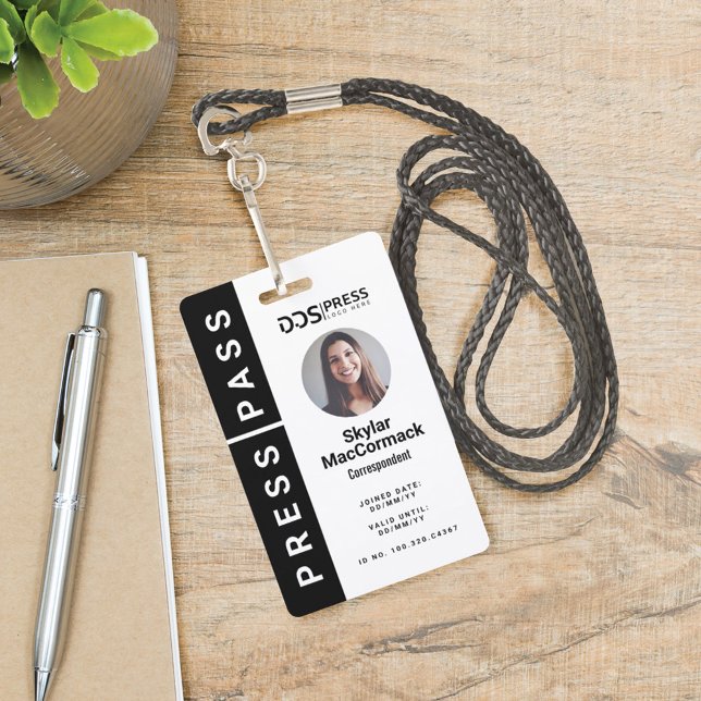 Bold Modern Black Circle Photo Press Pass & Logo ID Badge (Creator Uploaded)